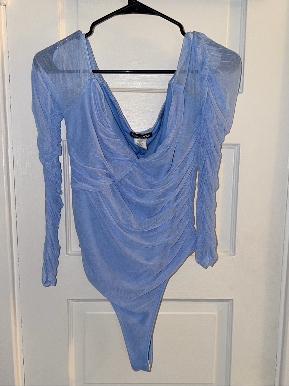 Fashion Nova Blue Mesh Ruched Long Sleeve Bodysuit – Size Large